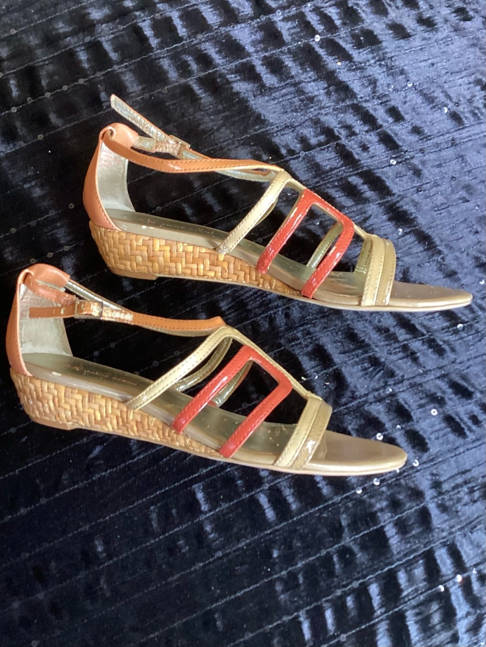 Vintage Anne Klein Akasif Beige and Coral Open-Toe Slingback Heels 8M